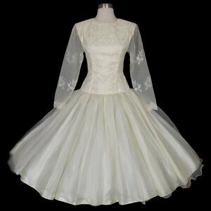 Vintage 80s Off White Floral Drop Waist Full Skirt Prom Gown Party Dress XXS XS